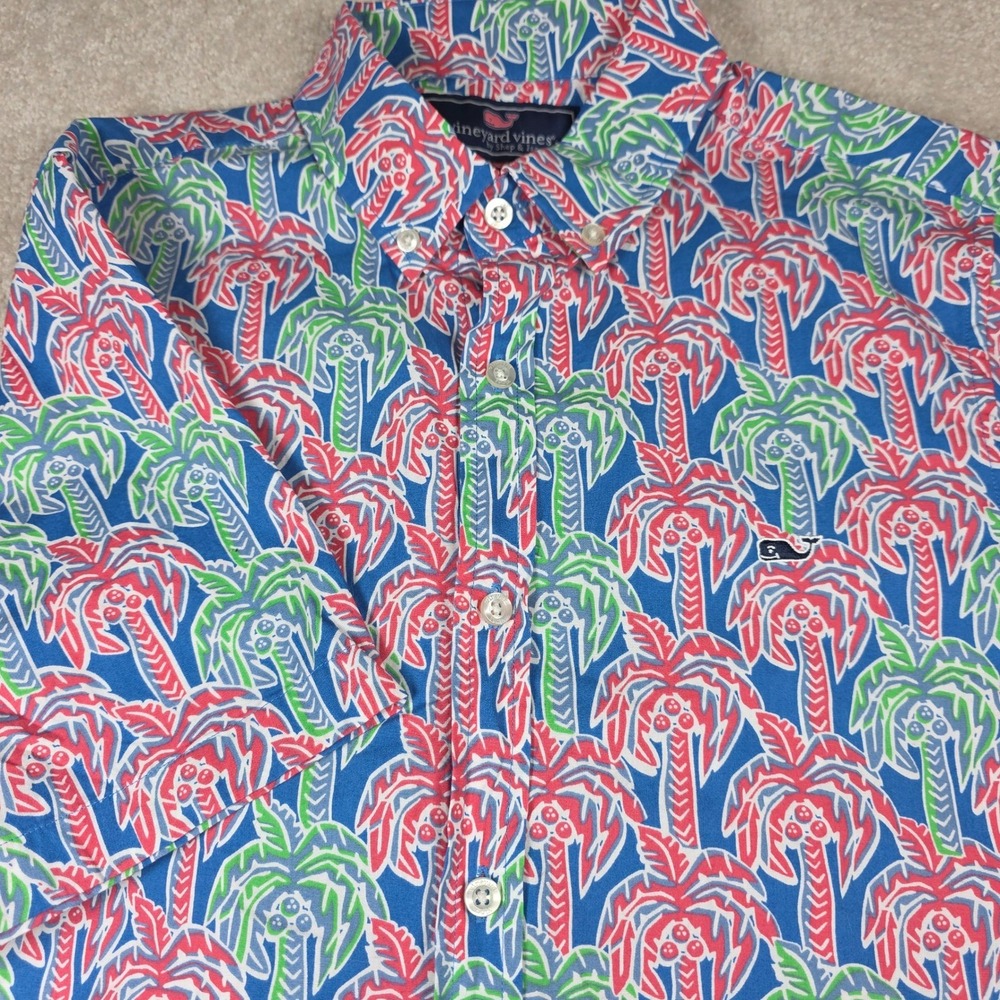 Vineyard Vines Button Down Mens S Blue Palm Tree Slim Fit Whale Shirt 1W6339‎